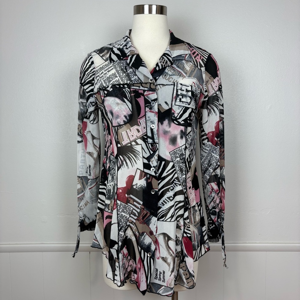 Zoe by Michael Phillips Mesh Button Front Blouse Size S Graphic Print Avant Gard